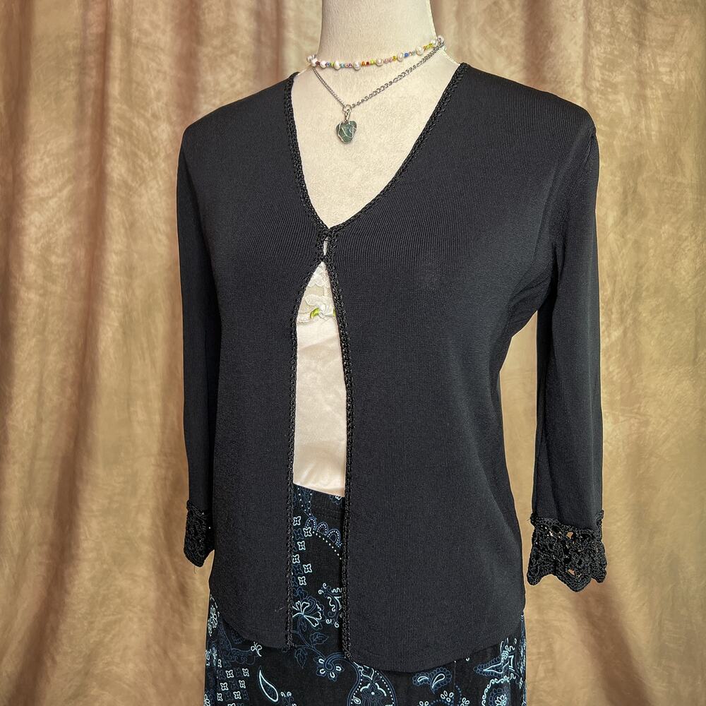 Vintage Y2K Cardigan 3/4 Sleeve Open Front Crochet Trim Black Indie Preppy Goth